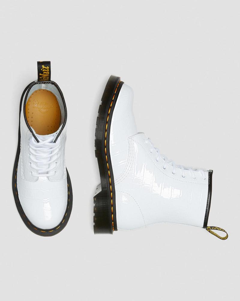 White Women's Dr Martens 1460 Patent Croc Emboss Leather Ankle Boots | CA 19ZUT